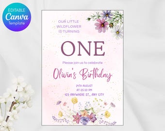 Wild One Birthday Invitation: Floral Garden Party, Canva Template (Digital Download 5x7in