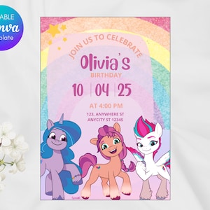 Verjaardagsuitnodiging My Little Pony: bewerkbare canva-sjabloon (digitale download)
