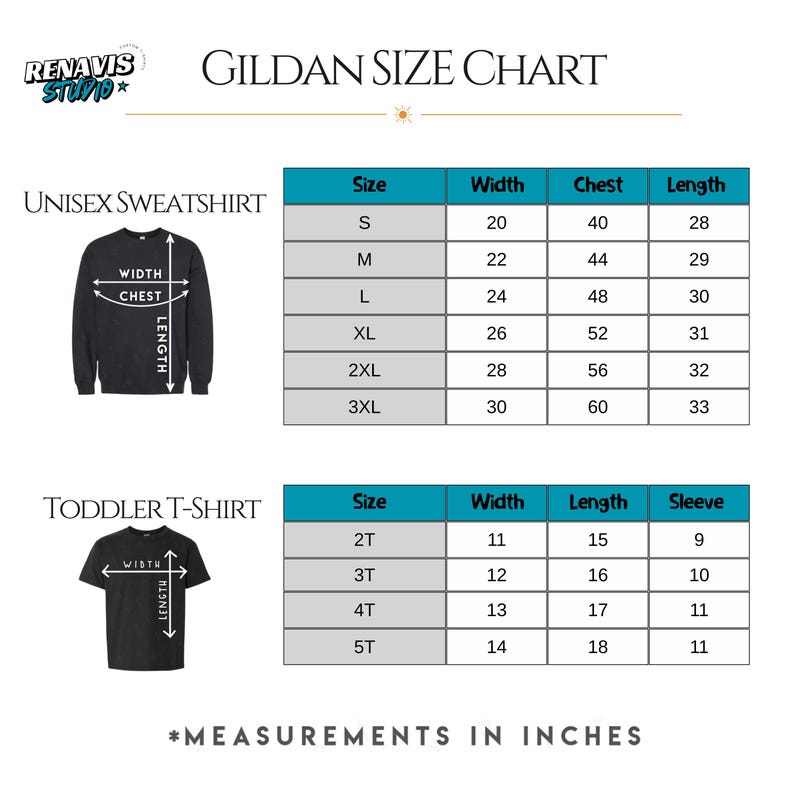 Op de afbeelding: Een Gildan-maattabel voor unisex sweatshirts en peuter-T-shirts. De tabel bevat afmetingen in inches voor breedte, borst, lengte en mouw. De maten van unisex sweatshirts vari&euml;ren van S tot 3XL.