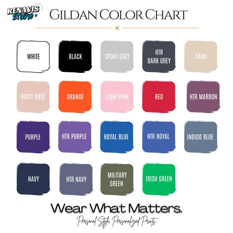 Op de afbeelding: Een Gildan-kleurenkaart met een verscheidenheid aan tinten, waaronder wit, zwart, sportgrijs, donkergrijs, zand, stoffig roze, oranje, lichtroze, rood en kastanjebruin. Andere kleuren zijn paars, koningsblauw, indigoblauw, marine, legergroen en Iers groen. De tekst "Wear What Matters" staat onderaan.