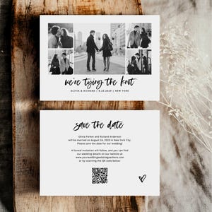 May include: A wedding announcement card featuring black and white photographs of a couple. The top section reads "we're tying the knot", with the couple's names and date. The bottom section says "save the date" with wedding details.