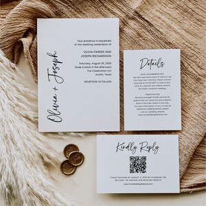 May include: A wedding invitation suite featuring three white cards with black text. The main card lists the names "Olivia + Joseph" and wedding details. A smaller card says "Details", and another says "Kindly Reply" with a QR code.