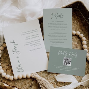 May include: Wedding invitation suite featuring three cards with elegant script. The main invitation is white with the names "Olivia + Joseph". A sage green card says "Details", and another says "Kindly Reply" with a QR code.