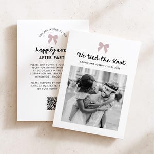 May include: Two white wedding invitation cards featuring a dusty pink bow icon. One card displays the text We tied the Knot, Sophie and Joseph, 10.25.2028, and a black and white photo of a couple. The other card includes event details and a QR code.