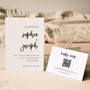 Minimalist Wedding Invitation Suite | Modern Black and White Canva Template | QR Code RSVP