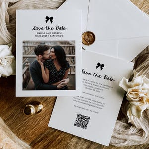 Save the Date Card | Change the Color | Photo QR Code | Canva Template | Black and White Bow