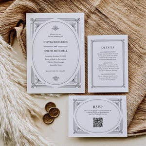 Art Deco Wedding Invitation Suite: Black & White Canva Template (Instant Download)