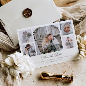 Elegant Minimalist Save The Date Canva Template, Photo Grid, QR Code, Timeless Calligraphy, Digital