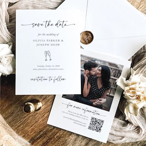 Save the Date Card | Whimsical Champagne | Photo QR Code | Canva Template | Chic Minimalist Invite