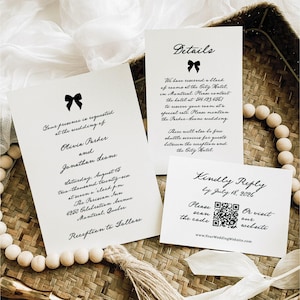 Any Color Bow Wedding Invitation Suite | Vintage Script Canva Template | Romantic French Invite