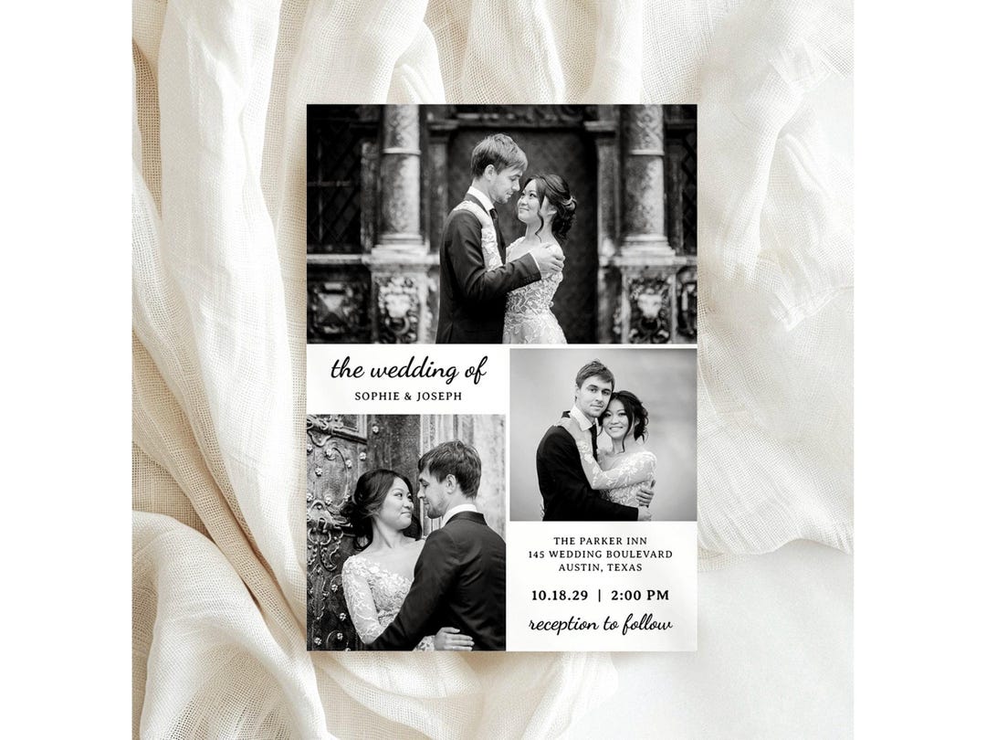 Grid Invitation Photo Grid Wedding Invitation Suite, Black and White Canva Template ...