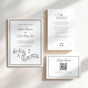May include: A white wedding invitation set with black text and musical note graphics. The main card features the names Sophia Richardson and Joseph Anthony Leone, date, and location. Includes a details card and a response card with a QR code.