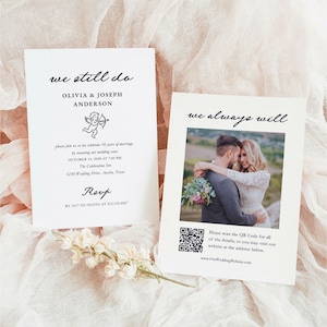 Vow Renewal Invitation | Casual Wedding Anniversary | Whimsical Canva Template | Hand-Drawn Cherub | Photo QR Code