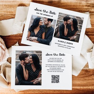 May include: White 'Save the Date' cards with photos of a couple, featuring the text 'Olivia & Joseph' and wedding details. The cards are on a wooden surface with fabric accents. Includes a QR code.