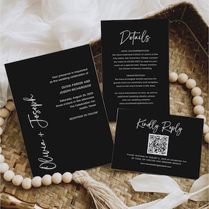 May include: Black wedding invitation suite with white script. The invitation includes the names Olivia and Joseph, date, time, and location. The suite also includes a details card and a reply card with a QR code.