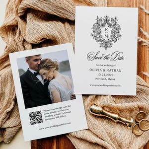May include: Wedding announcement cards with a photo of a couple and the text "Save the Date" with the names Olivia & Nathan, date, and location. Includes a QR code and website address. Gold wax seal and fabric background.
