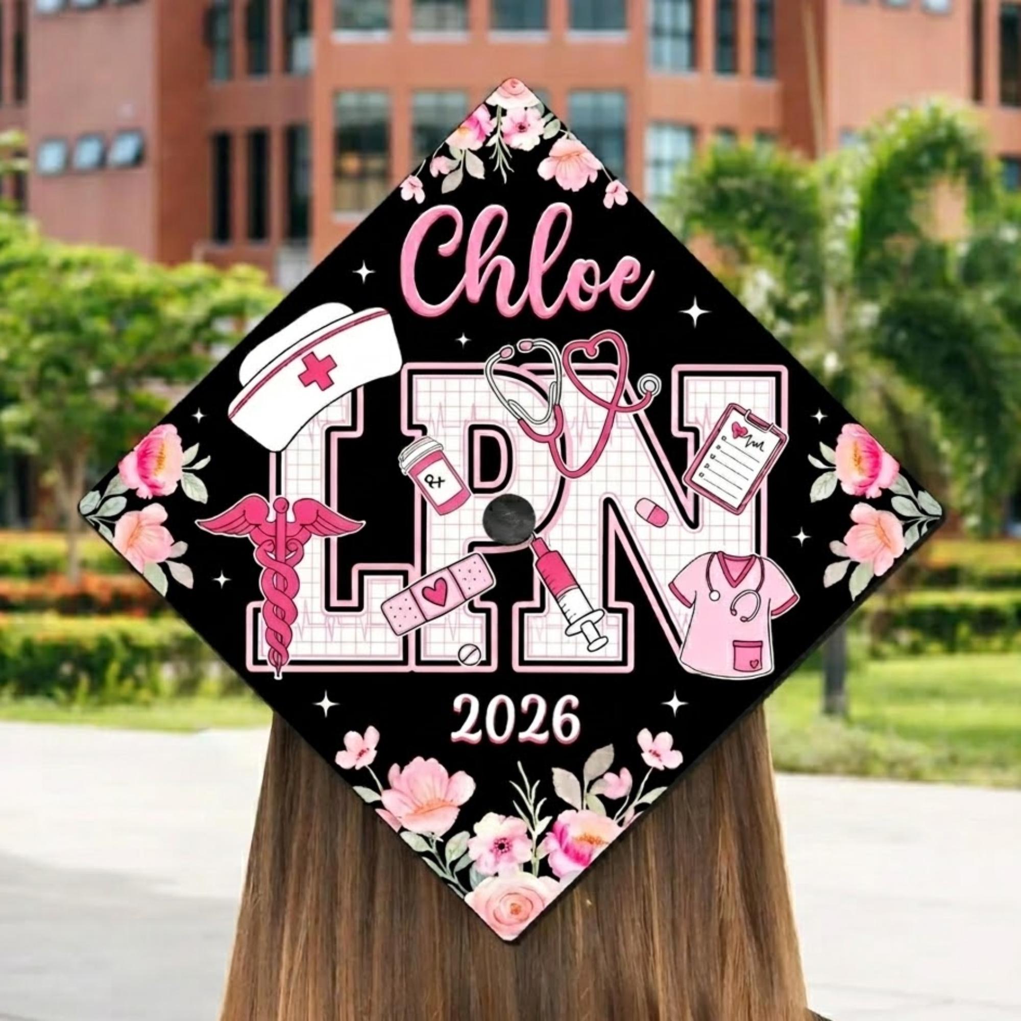 LPN Graduation Cap Topper 2026, Pink Floral Nurse Grad Cap Decor ...