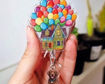 Porta badge retrattile Disney Up con ritratto personalizzato di animale domestico, "L'avventura è là fuori", clip per badge da infermiera Carl ed Ellie, regalo pediatrico