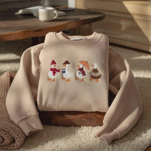 Cozy Duck Embroidered Sweatshirt - Cute Fall Duck Crewneck Pullover - Autumn Aesthetic Animal Hoodie - Cozy Gift for Her