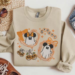 Spooky Season Ghost Sweatshirt - Mickey & Minnie Mouse Embroidery - Disney Halloween Trip Outfit, Pumpkin Bow, Not So Scary Fan Gift