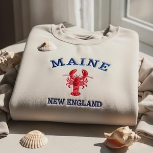 Embroidered Maine New England Sweatshirt - Lobster Crewneck Pullover - Fisherman Aesthetic Coastal Shirt - Gift for Lobster Lover