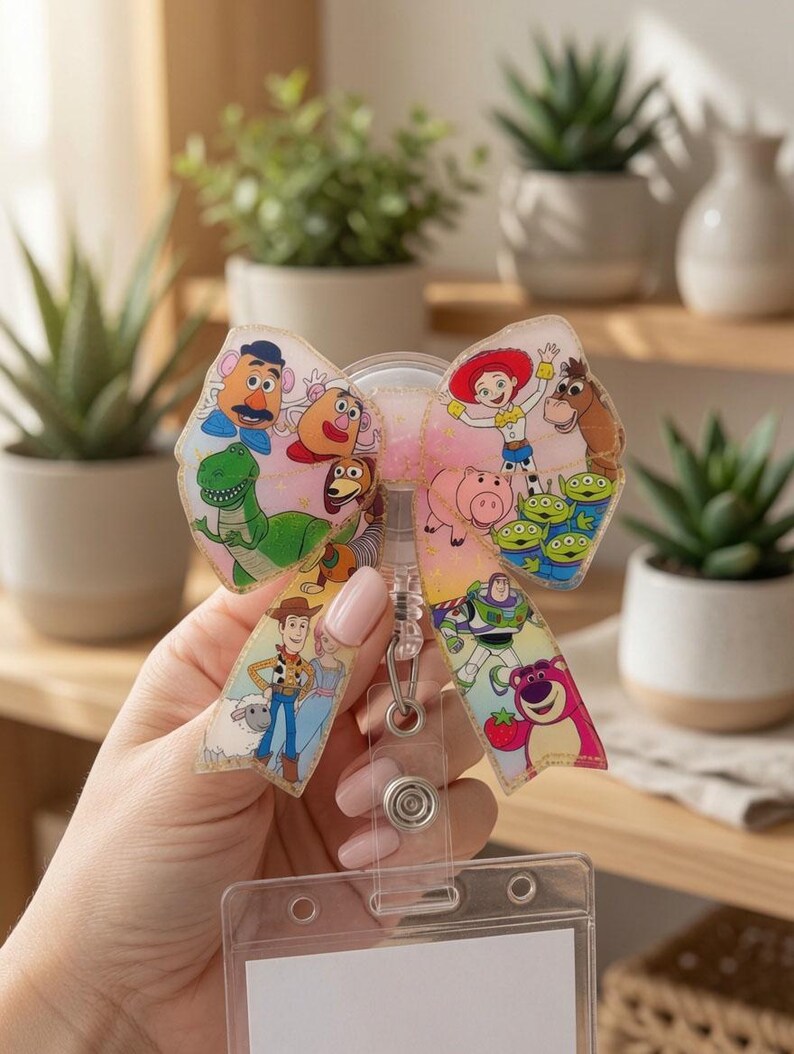 May include: A badge reel featuring a pink glittery bow adorned with various Toy Story character illustrations including Woody, Buzz Lightyear, Jessie, Rex, Mr. Potato Head, and the Aliens. The bow is attached to a clear plastic ID card holder.