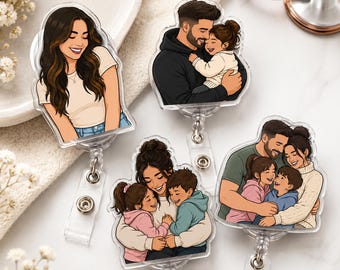 Porta credenciales con ilustración personalizada / Porta credenciales con foto personalizada para padre e hija / Credencial de enfermera retráctil / Regalo con retrato familiar de dibujos animados