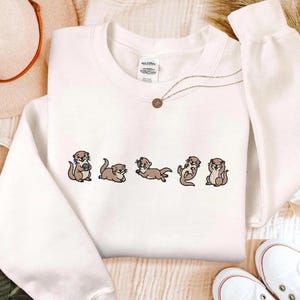 Cute Otters Embroidered Sweatshirt - Sea Otter Lover Gift - Otter Mom Crewneck - Embroidered Animal Sweater