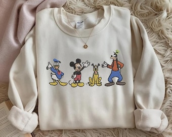 Embroidered Disney Friends Sweatshirt - Vintage Mickey Pluto Goofy Donald Crewneck - Retro Cartoon Characters Shirt, Disney Trip Gift
