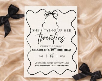 She’s Tying Up Her Twenties Invitation | Editable Bow Birthday Invite | Canva Template