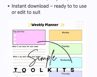 May include: A digital weekly planner with sections for top priorities, routine tracking, and brain dump space. The planner includes a Monday through Saturday layout with color-coded sections and the text "Weekly Planner". The planner is a digital download.