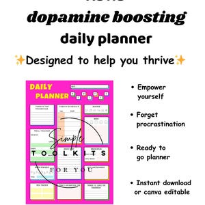 Könnte beinhalten: Ein rosa Tagesplaner mit dem Text "ADHD dopamine boosting daily planner" und "Designed to help you thrive." Der Planer enthält Abschnitte für tägliche Prioritäten, Zeitplan, Essensverfolgung und mehr. Er hat auch Aufzählungspunkte: Empower yourself, Forget procrastination, Ready to go planner, und Instant download or canva editable.