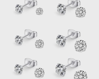 6 Pairs Cubic Zirconia Stud Earrings Set, Hypoallergenic Titanium Steel Everyday Jewelry