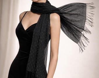 Black Lightweight Scarf, Elegant Minimal Pattern, Soft Sheer Shawl, Unisex Fashion Accessory