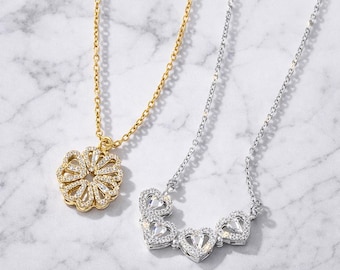 2PCS Magnetic Heart Clover Necklace Set, Gold Silver Transform Pendant, Lucky Charm Jewelry