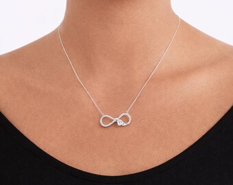 Sterling Silver Infinity Heart Necklace, Cubic Zirconia Pendant, Minimalist Romantic Jewelry