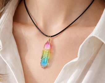 Rainbow Crystal Pendant Necklace, Gold Wire Wrapped Geometric Boho Jewelry