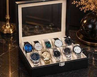 10 Slot Watch Organizer Box, PU Leather Jewelry Storage Case, Glass Lid