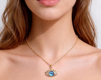 Gold Titanium Steel Evil Eye Hamsa Necklace, Spiritual Protection Amulet Pendant