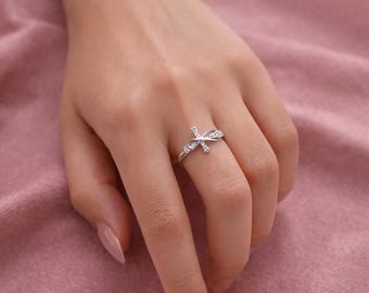 Silver Plated Cross Ring, Dainty CZ, Adjustable Open Band, Minimalist Jewelry