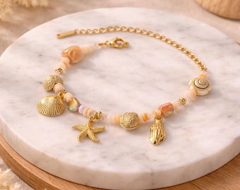 Gold Starfish Shell Charm Bracelet, Coastal Boho Beach Jewelry