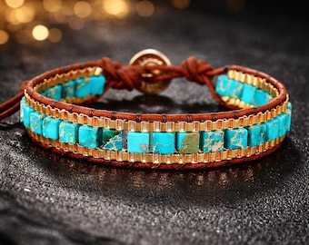 Boho Turquoise Leather Wrap Bracelet, Natural Stone Beaded Bohemian Jewelry