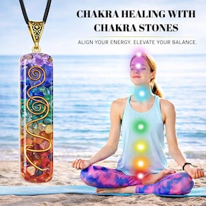May include: A colorful chakra stone pendant with a gold-colored spiral design and a black cord. The pendant is filled with various colored stones. The image also includes a woman meditating on a beach, with text that reads "CHAKRA HEALING WITH CHAKRA STONES."