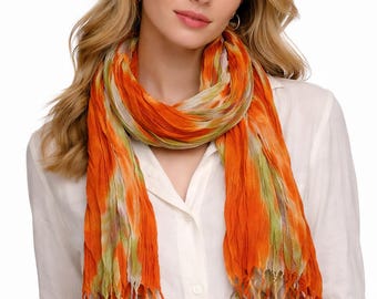 Orange Red Viscose Scarf, Lightweight Boho Print, Soft Elegant Wrap for Women