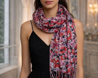 Red Floral Viscose Scarf, Lightweight Soft Elegant Wrap, Summer Fashion Shawl