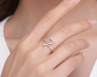 Sterling Silver Cat Ring, Adjustable Open Wrap, Minimalist Animal Jewelry