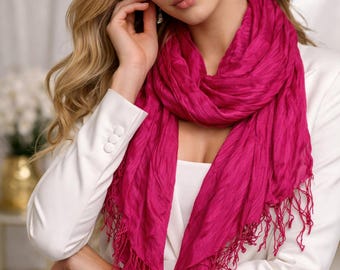 Crinkle Viscose Scarf, Lightweight Pink Summer Shawl, Boho Travel Wrap