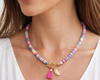 Boho Colorful Heishi Beaded Shell Necklace, Summer Beach Tassel Choker