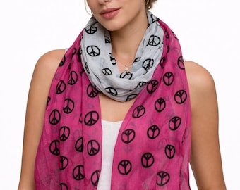Hot Pink Peace Sign Scarf, Lightweight Viscose Boho Wrap, Sheer Summer Accessory