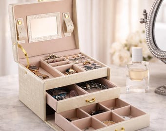 3-Layer PU Leather Jewelry Box Organizer with Mirror, Lockable Travel Storage